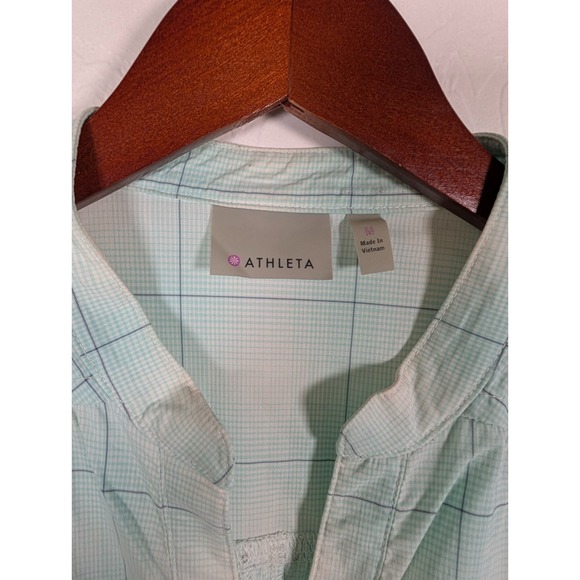 Athleta Top Women's Medium Green Plaid Long Roll Tab Sleeve Pockets Hiking - Picture 3 of 14